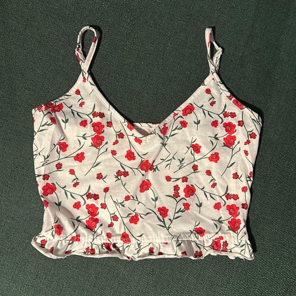 Red flower white crop top bralette